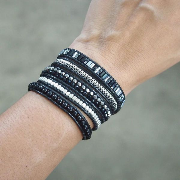 Bracelets Drop Shipping Boho 5 fois Wrap Black Crystal A gate Bracelet de mélange de perles avec chaîne en acier inoxydable pour hommes et femmes