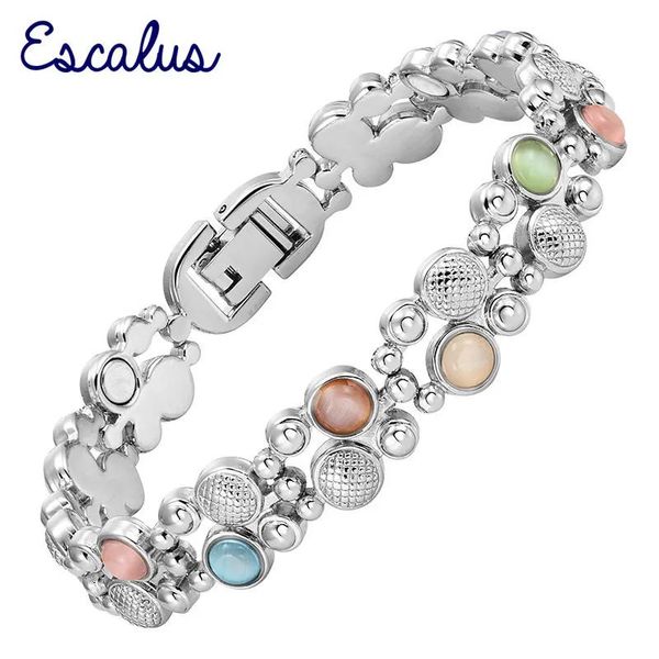 Pulseras Escalus, pulsera de joyería magnética con piedras de ojo de gato coloridas para mujer, pulsera con dijes de Color plateado