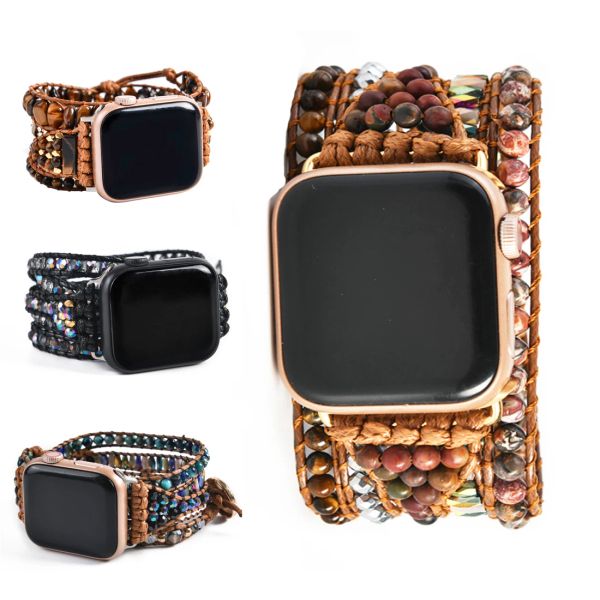 Bracelets Ethnic Natural Stone Tiger Eye Apple Watch Band Bands Boho 5 Wrap Smartwatch Bracelet para iWatch Series 17 Accesorios