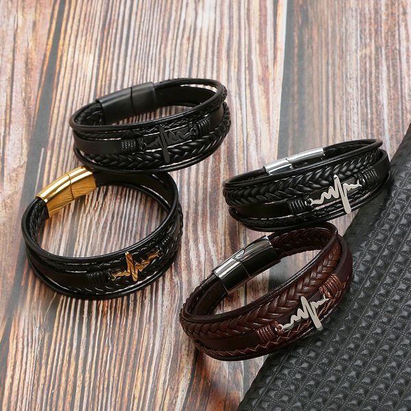 Bracelets bracelet en acier inoxydable pour hommes de la mode européenne et américaine logo ECG accessoires bracelet multicouche magnétique en cuir tissé multicouche