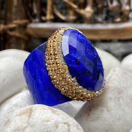 Armbanden Europese en Amerikaanse stijl Lapis Lazuli Ring Parel Blauw Leer Strass Armband Set Dames Persoonlijkheid Mode-sieraden