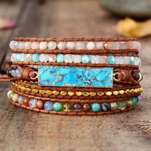 Bracelets exclusifs nouvelles femmes Bracelet pierre naturelle Jaspers 5 fois corde en cuir perles Bracelets Femme livraison directe