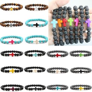 Armbanden Fabriek Prijs Lava Rock Cross Armbanden Turquoise Frosted Stone Tiger Eye Natural Stone Bangles voor Vrouwen Mannen Gift