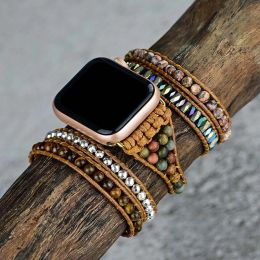 Bracelets Mode Pierre Naturelle Apple Watch Band BOHO Cire Corde Tigereye Pierre 5 Wrap Charm Apple Watch Strap WholesaleDropshipping