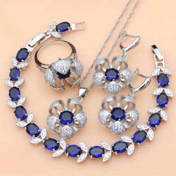 Bracelets en forme de fleur en argent Sterling, ensembles de bijoux de mariée, saphir bleu blanc Cz pour femmes, boucles d'oreilles/pendentif/bague/bracelet/collier