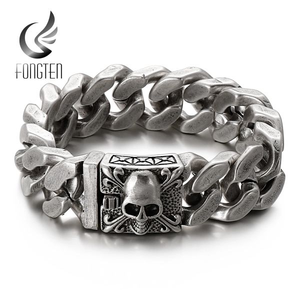 Braceletas Fongten Gótico Skull Pulseras para hombres Clazo de acero inoxidable de plata antiguo Joya de brazalete pesado Joya al por mayor