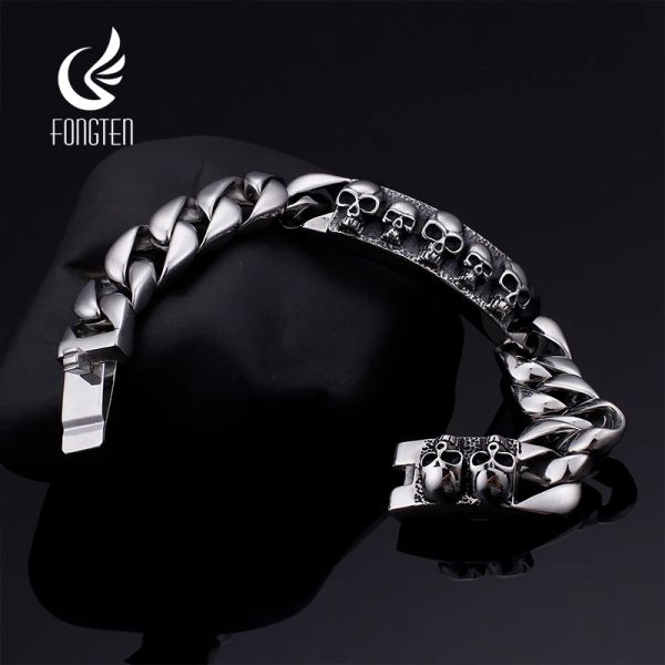 Braceletas Fongten Retro Skeleton Heavy Men Pulsero de acero inoxidable Enlace vikingo Cadena Cuba Punk Biker Pulseras Joyas