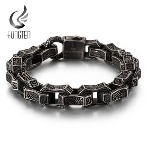 Armbanden Fongten Vintage Graveren Vierkante Armband Mannen Roestvrij Staal Zwarte Manchet Punk Box Link Chain Custom Bangle Man Mode-sieraden