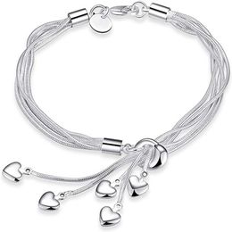 Bracelets pour femme en argent Sterling 925, chaîne à cinq lignes avec cinq cœurs, cadeau d'anniversaire pour Her292k