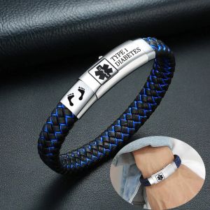 Pulseras Pulseras de identificación de Alerta médica con Grabado Gratis, Pulsera Trenzada de Cuero para Diabetes Tipo 1 de Acero Inoxidable para Hombres, joyería Masculina Ajustable