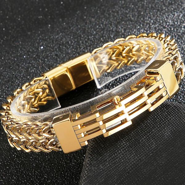 Pulseras Pulsera De Acero Inoxidable Chapado En Oro Hombres Cadena De Eslabones De 11 MM Bandas En La Mano para Hombres Pulseras Joyería Masculina Brazalete Mannen De Hierro