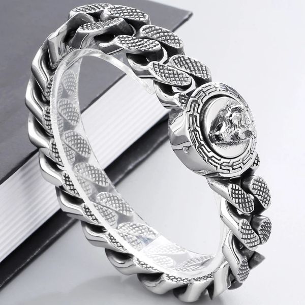 Bracelets Bracelet de tête de loup gothique pour hommes massif en acier inoxydable ride à liaison chaîne garçons bracelets à la main bracelets viking bijoux