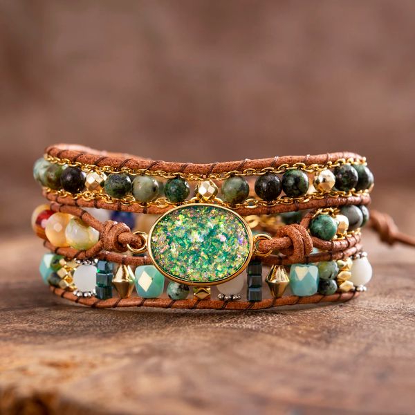 Bracelets en opale ovale verte, chaîne à maillons dorés, pierres naturelles africaines, perles