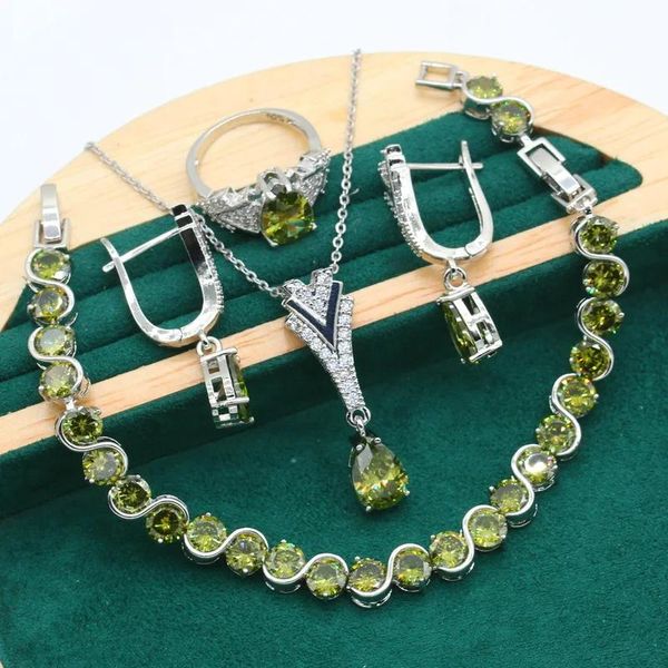 Pulseras de peridoto verde Sier, conjunto de joyería para mujer, pulsera de boda, pendientes de aro, anillo, collar, colgante, regalo de Navidad