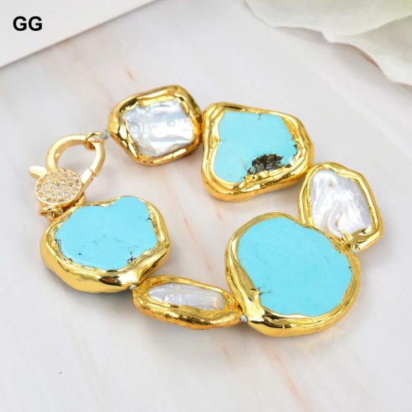 Bracelets Guaiguai Bijoux Cultured Recangle blanc Keshi Pearl Blue Turquoise Gold Bracelet 9 