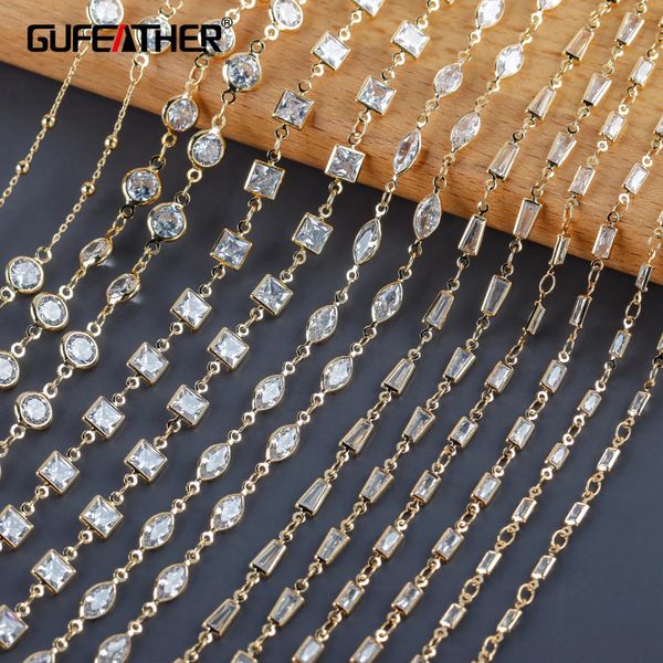 Pulseras Gufeather C209, cadena diy, alcance de paso, sin níquel, chapado en oro, cobre, circón, dijes, collar de pulsera diy, fabricación de joyas, 1 m/lote