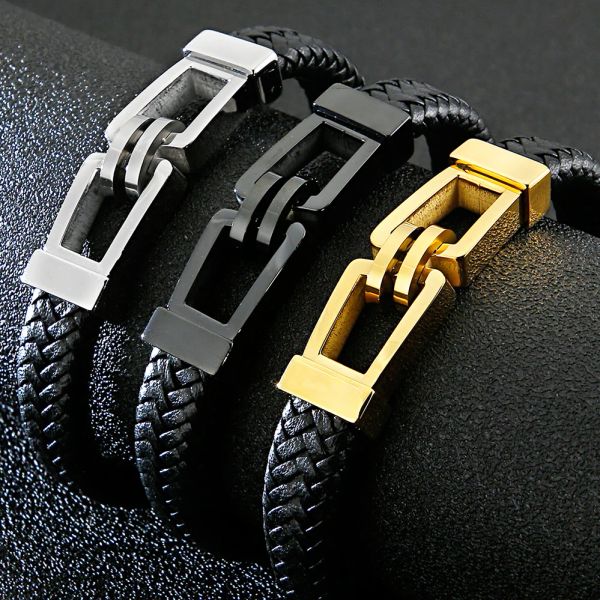 Bracelets Bracelet en cuir pour hommes fait à la main pour hommes avec fermoir magnétique en acier inoxydable Bracelets à main pour hommes Logo gratuit nom graveur