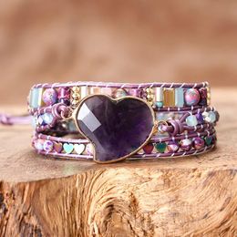 Armbanden Hart Paarse Stenen Vrouwen Handgemaakte Triple Wrap Armbanden Vrouwelijke Liefde Vriendschap Sieraden