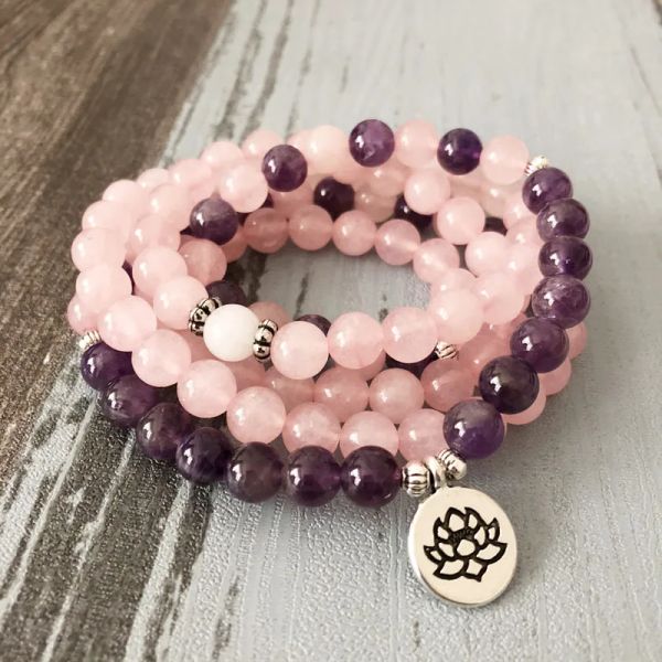 Bracelets Femme la plus chaude Mala collier bracelets pour femmes Rose Quartzs améthystes Yoga Bracelet Mala Lotus 108 perles Bracelet Rose