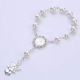 Pulseras Cuentas de perlas de imitación Rosario católico Comunión católica color plata Alas Crucifijo ángulo Colgantes Pulsera bonito regalo