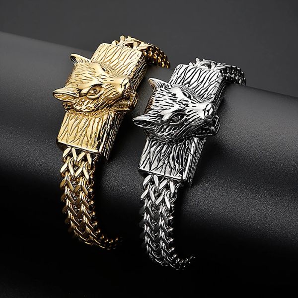 Pulseras Individualidad Punk Viking Wolf Totem Pulsera para hombre Acero inoxidable 316L Biker Modelo animal Pulseras Joyería Joyería al por mayor