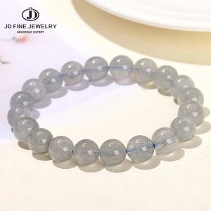 Bracelets JD Natural Grey Grey Rutilated Quartz Bouded Bracelet Femmes Reiki Guérison Énergie Crystal Stretch Bracelet Couple de bijoux Cadeau