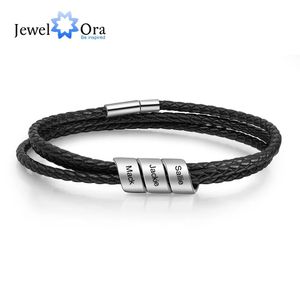 Pulseras JewelOra Pulseras personalizadas con 3 cuentas grabadas para hombres Pulseras de cuero negro personalizadas vintage Brazaletes Regalo para padres