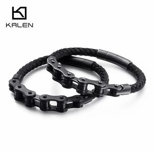 Bracelets Kalen Hip Hop Bike Chain Chain Charm Bracelets for Men 21cm en acier inoxydable Bracelet en cuir de chaîne noire