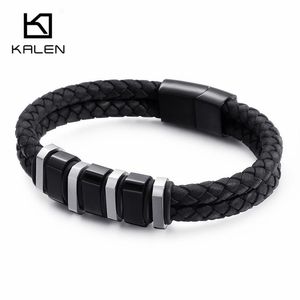 Armbanden KALEN Vintage Dubbellaags Gevlochten Lederen Armbanden Voor Mannen 21 CM Rvs Zwart Goud Blauw Charm Wrap Armbanden