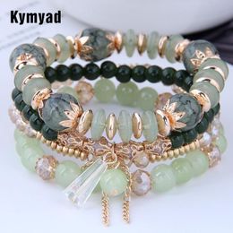 Pulseras Kymyad Corea, moda de moda, Pulseras de piedra de cristal verde para mujer, cadenas de borlas de Color dorado, pulsera con dijes, Pulseras de cuentas para mujer