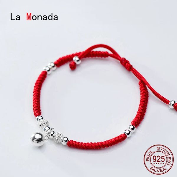 Bracelets La Monada Red Thread For Hand 925 Bracelet en argent sterling Bracelet rouge corde Bracelets pour femmes Silver 925 Sterling Bell