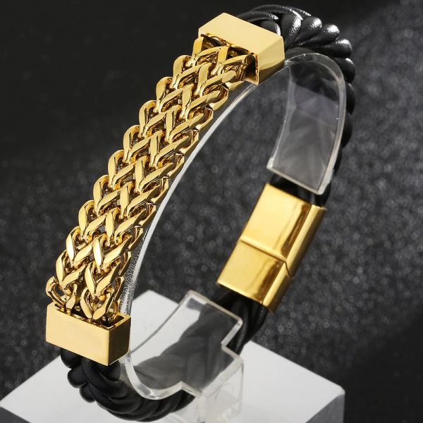 Bracelets Bracelet en cuir pour hommes en acier plaqué or carré Franco gourmette chaîne bracelets pour hommes avec fermoir aimanté sur la main bijoux masculins homme