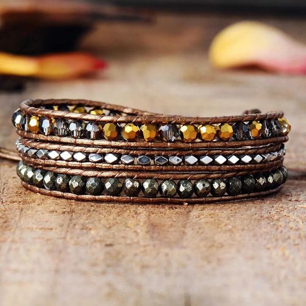 Bracelets en cuir tissé Bracelet en Pyrite de cristal 3 fois Bracelets d'enveloppement perles brassard Bracelet en perles bijoux en gros