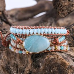 Armbanden Lederen Wikkelarmband Amazoniet Natuursteen Kralen 5X Lagen Statement Art Armband Kerst Sieraden Geschenken Drop Shipping