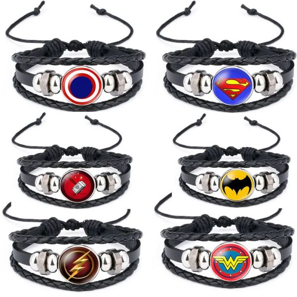Bracelets Lot/10 pièces, vente en gros, Bracelets de film, breloques de super-héros, Punk, Bracelet en cuir, bijoux cadeau