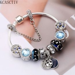 Pulseiras de luxo azul estrelado vidro frisado pulseira moda venda quente estrela lua pingente jóias pulseiras aço inoxidável