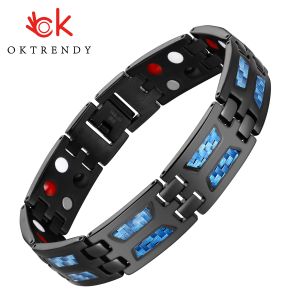 Armbanden Magnetische armbanden voor heren Unieke blauwe koolstofvezel titanium stalen magnetische armband voor heren Zwart met 4-elementmagneten