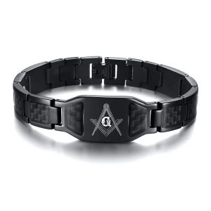 Armbanden Vrijmetselaarsarmbanden Vrijmetselaar Aangepast logo Roestvrij staal Zwarte koolstofvezel schakelarmband