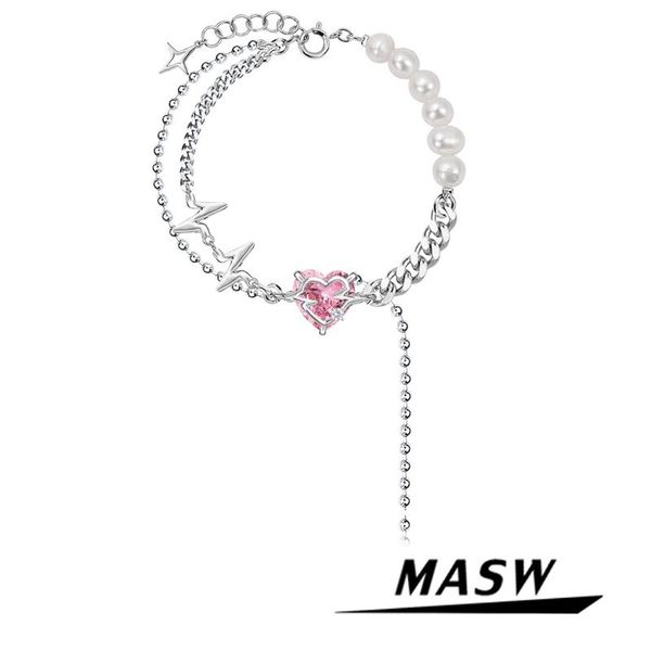Bracelets MASW bijoux modernes rose AAA Zircon coeur bracelet à breloques 2022 nouvelle tendance haute qualité en laiton chaîne perle Bracelet pour les femmes cadeau