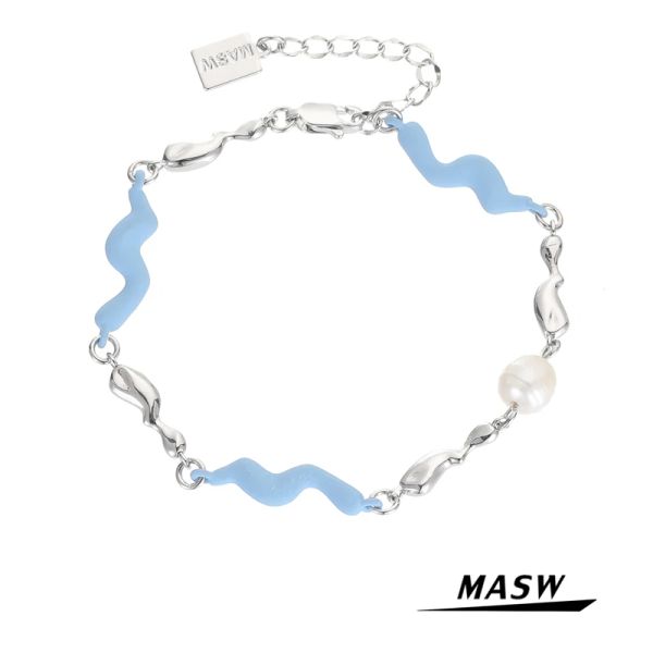 Bracelets Masw Design Original Blue Geometric Charm Bracelet 2021 Nouvelle tendance en laiton Metall Silver plaqué Femmes Bijoux Bracelet Cadeaux