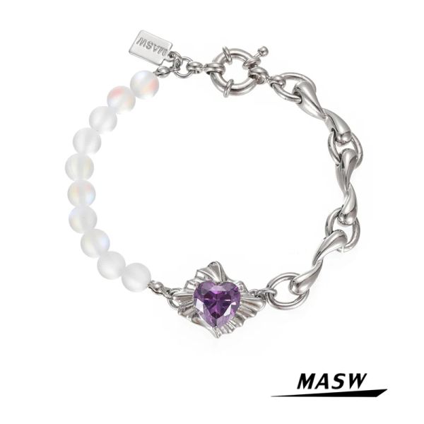 Bracelets MASW Diseño original Beads Geads Pulsera para mujeres Venta caliente Cadena plateada Corazón Púrpura Pulsera de circón Joyas Fashon