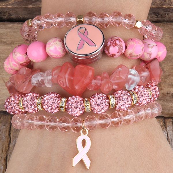 Bracelets MD Fashion Breast Cancer Conscience Bijoux Bracelet Bracelet Pink Ribbon Charm 5pc Stack Bracelets Set