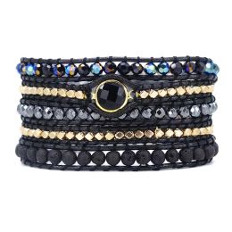 Bracelets hommes et femmes végétaliens Bohemian Black Mix Natural Stone Beadwork 5 Wraps Bracelet Bijoux