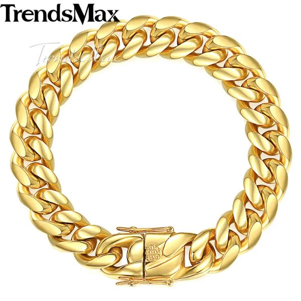 Bracelets Bracelets masculins Miami Curb Chain Hip Hop Gold Color 316L Bracelet en acier inoxydable pour les bijoux masculins en gros 8/12/14mm kHBM111
