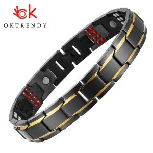 Bracelets Mens Bracelet noir Gold Color Health Energy Germanium en acier inoxydable Bracelet 4 en 1 Bracelets de santé magnétique pour hommes bijoux