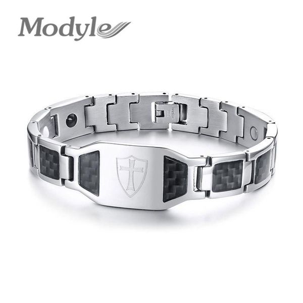 Pulseras Modyle Pulsera magnética de fibra de carbono para hombres Caballeros Templarios Escudo Cruz Acero inoxidable Terapia bioenergética Pulsera masculina