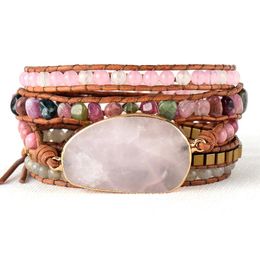 Pulseras Pulsera de cuero con cuentas de inspiración nativa, turmalina, cuarzo rosa, 5 hebras, pulseras tejidas, pulsera bohemia, Dropship