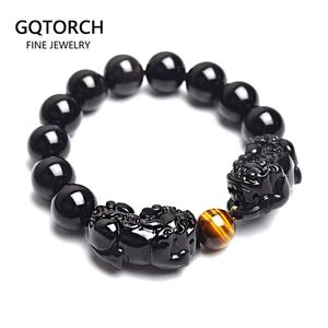 Armbanden Natuurlijke zwarte en gouden obsidiaan stenen kralen armband dubbele Bixie Chinese Fengshui sieraden