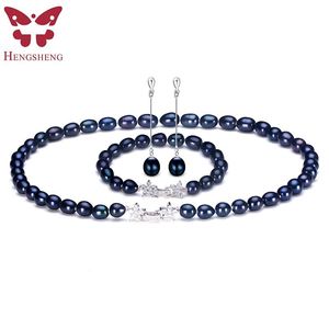 Bracelets Ensembles de bijoux en perles noires naturelles pour femmes, bijoux à la mode, boucles d'oreilles, bracelet, collier, forme de riz 89mm, perle étoile Zircon