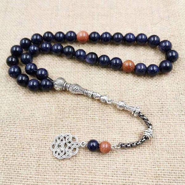 Pulseras Tasbih de piedra arenisca azul natural con piedra arenisca dorada para hombre musulmán para Eid 33 66 99 Cuentas de paryer Especial Nueva pulsera misbaha